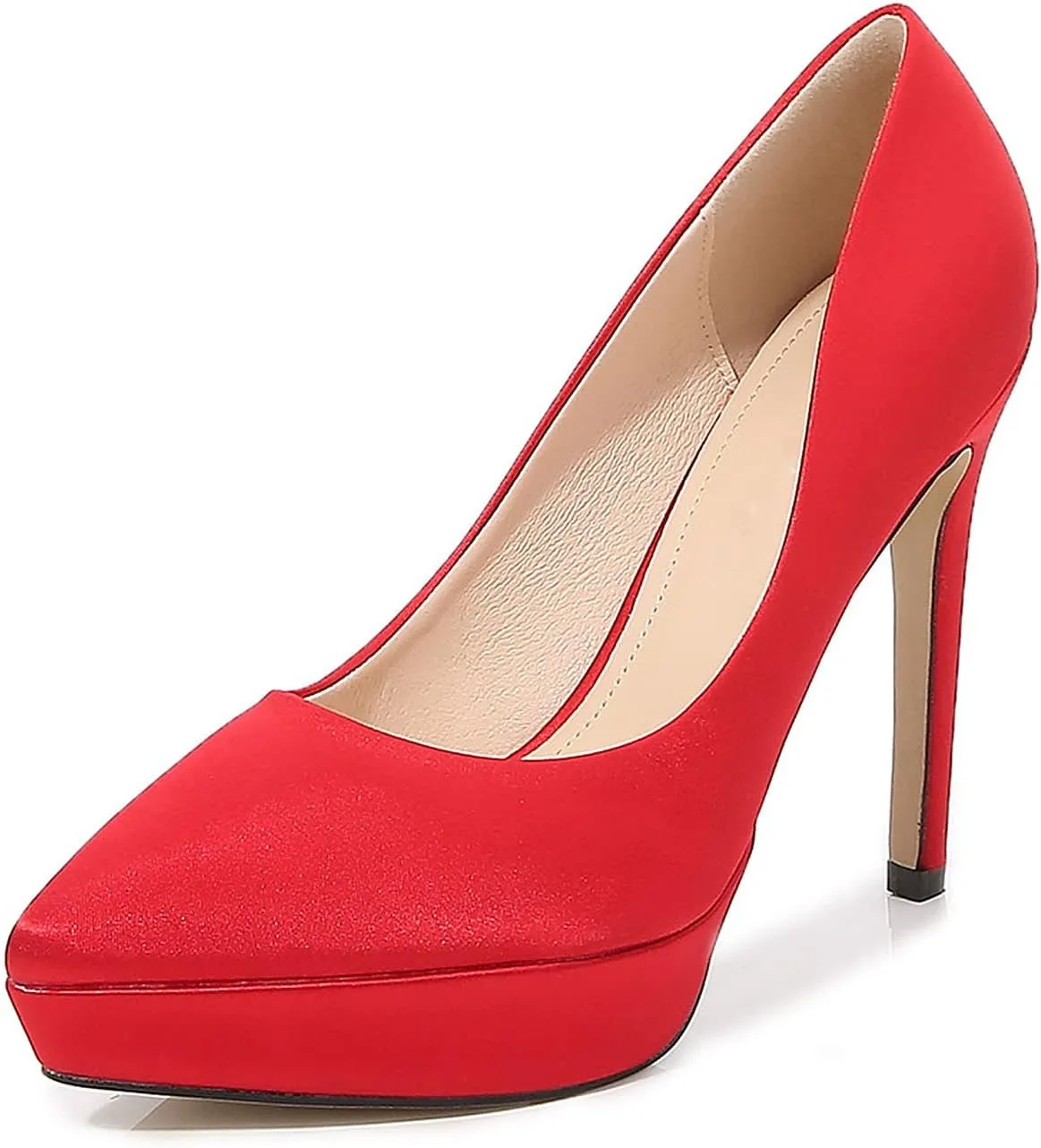 WOilERQ Women's Satin High Heels Pointed Mouth High Heels Single Shoe Sexy Waterproof Platform Wedding Ceremony Bridal Shoes Dress Fashion Stilettos,Red,40