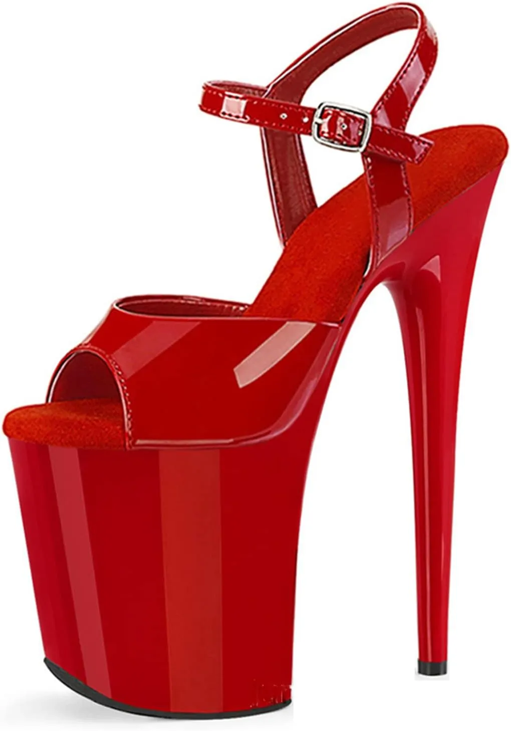 WOilERQ Womens Sexy Patent Leather Sandals Platform Open Toe Ankle Strap Heeled Sandals Evening Dress Shoes with 7.8inch Stiletto Heels for Stripper Club Party,Red,8.5