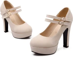 WOilERQ Women's Suede Mary Jane Double Ankle Strap Platform Round Toe Chunky Block High Heel Pumps Dress Party Shoes,Beige,40