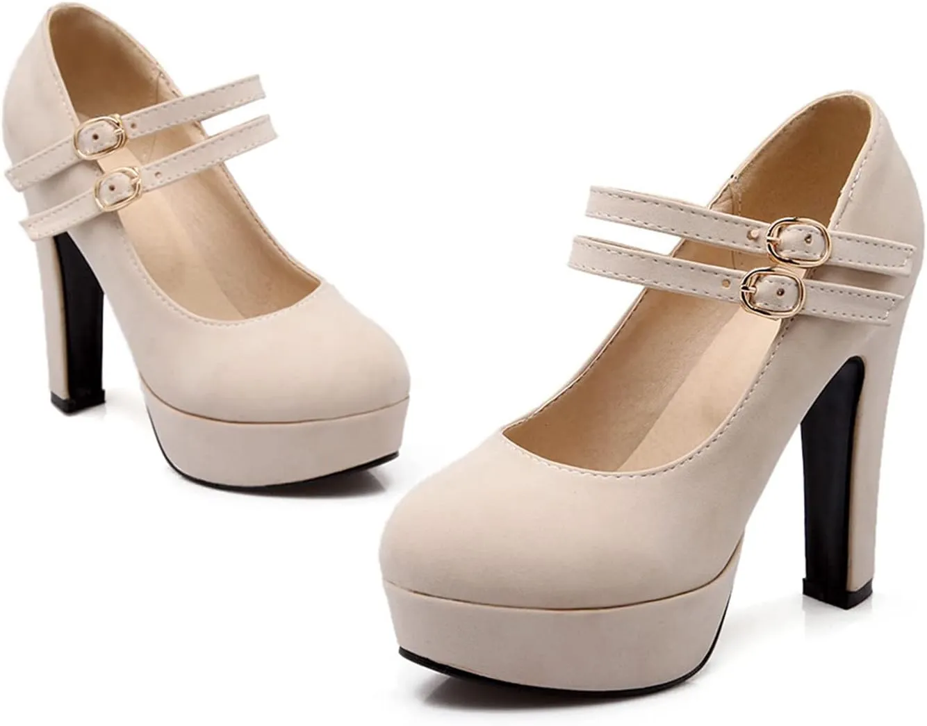 WOilERQ Women's Suede Mary Jane Double Ankle Strap Platform Round Toe Chunky Block High Heel Pumps Dress Party Shoes,Beige,40