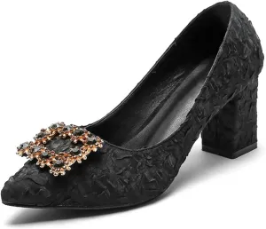 WOilERQ Women's Waterproof Platform Sandals Closed Toe Chunky Block High Heel Pointed Tip Shallow Mouth Square Buckle High Heel Classic Dress Office Shoes,Black,39