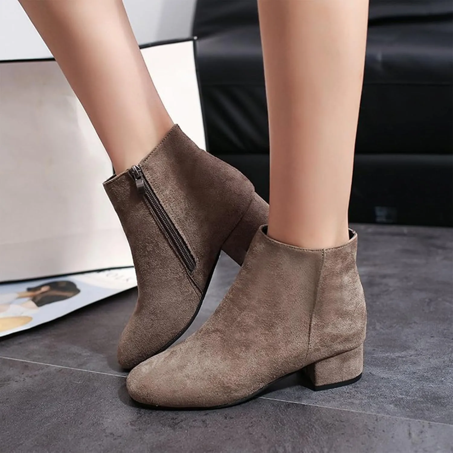 Women Ankle Boots Side Zipper Solid Color Black Low Heels Dress Boots Women's Wterproof Western Ankle Bootie