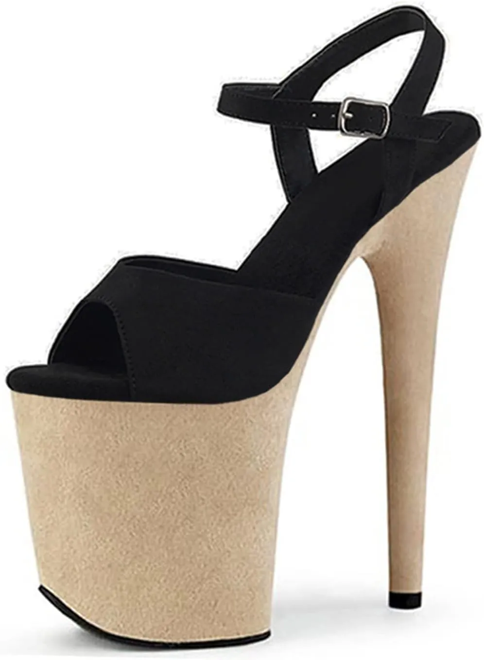 Women Ankle Strap Sandals Peep Open Toe Stiletto High Heel Party Dress Shoes 7.8Inch Color Block Suede Platform Stripper Prom Sandals,Black,11