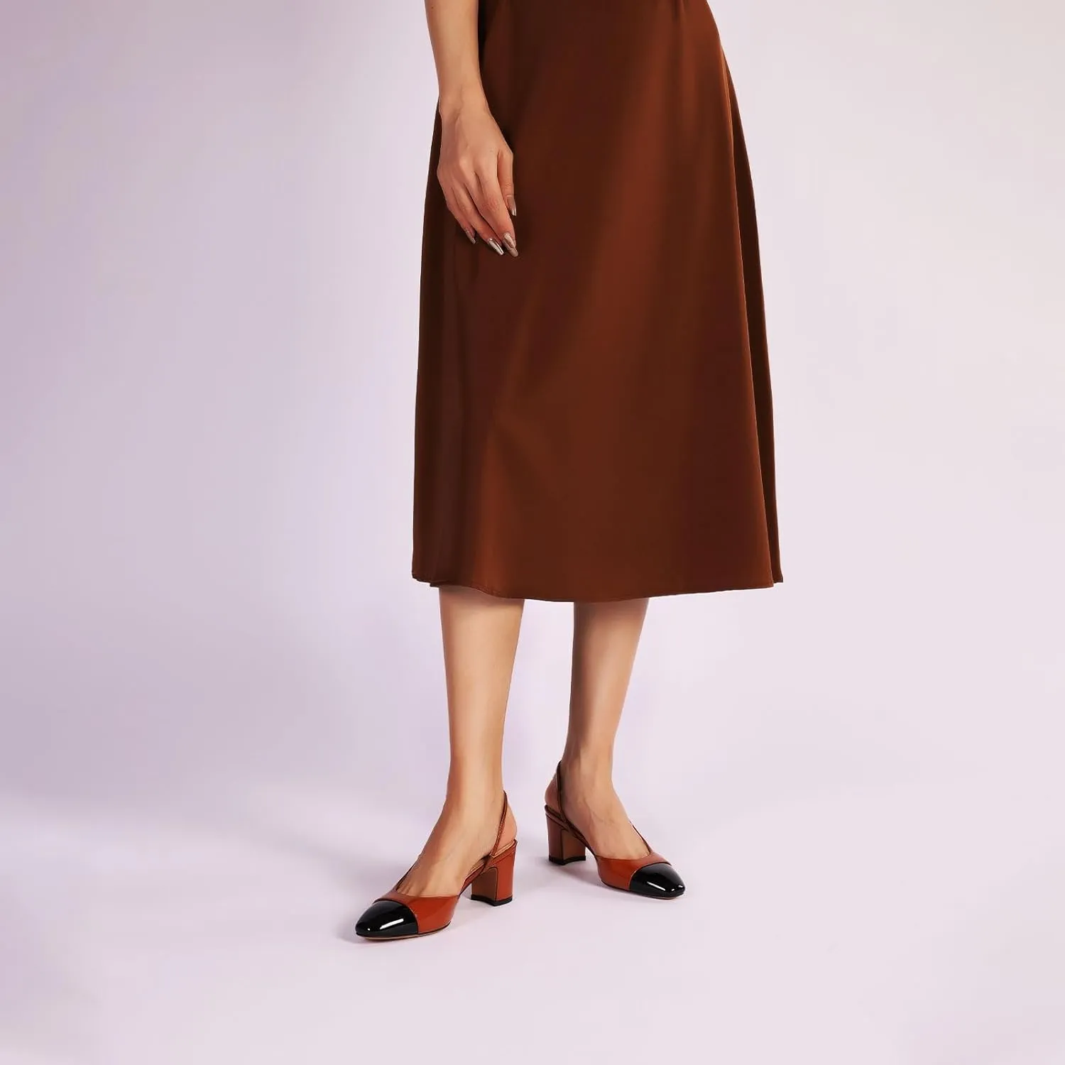 Women Slingback Heeled Sandals Cap Toe Block Mid Heel Pumps Two Toned Chunky Heels Vintage Formal Dress Slide Shoes