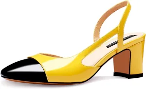 Women Slingback Heeled Sandals Cap Toe Block Mid Heel Pumps Two Toned Chunky Heels Vintage Formal Dress Slide Shoes