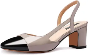 Women Slingback Heeled Sandals Cap Toe Block Mid Heel Pumps Two Toned Chunky Heels Vintage Formal Dress Slide Shoes