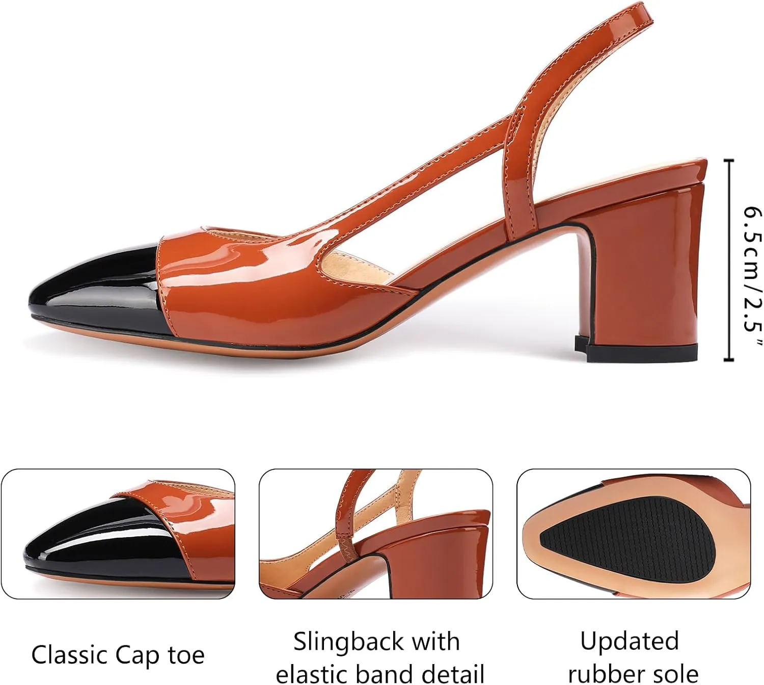 Women Slingback Heeled Sandals Cap Toe Block Mid Heel Pumps Two Toned Chunky Heels Vintage Formal Dress Slide Shoes