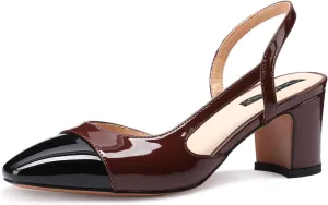 Women Slingback Heeled Sandals Cap Toe Block Mid Heel Pumps Two Toned Chunky Heels Vintage Formal Dress Slide Shoes