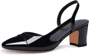 Women Slingback Heeled Sandals Cap Toe Block Mid Heel Pumps Two Toned Chunky Heels Vintage Formal Dress Slide Shoes