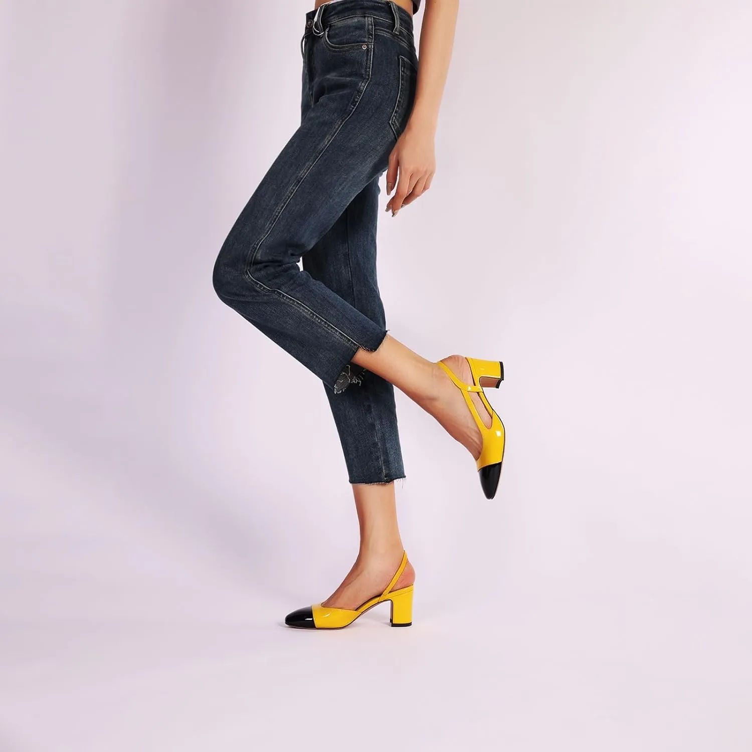 Women Slingback Heeled Sandals Cap Toe Block Mid Heel Pumps Two Toned Chunky Heels Vintage Formal Dress Slide Shoes
