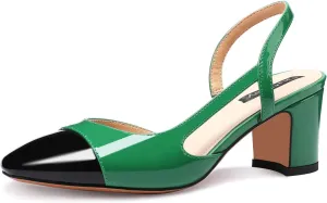 Women Slingback Heeled Sandals Cap Toe Block Mid Heel Pumps Two Toned Chunky Heels Vintage Formal Dress Slide Shoes