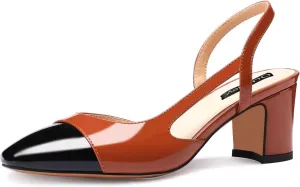 Women Slingback Heeled Sandals Cap Toe Block Mid Heel Pumps Two Toned Chunky Heels Vintage Formal Dress Slide Shoes