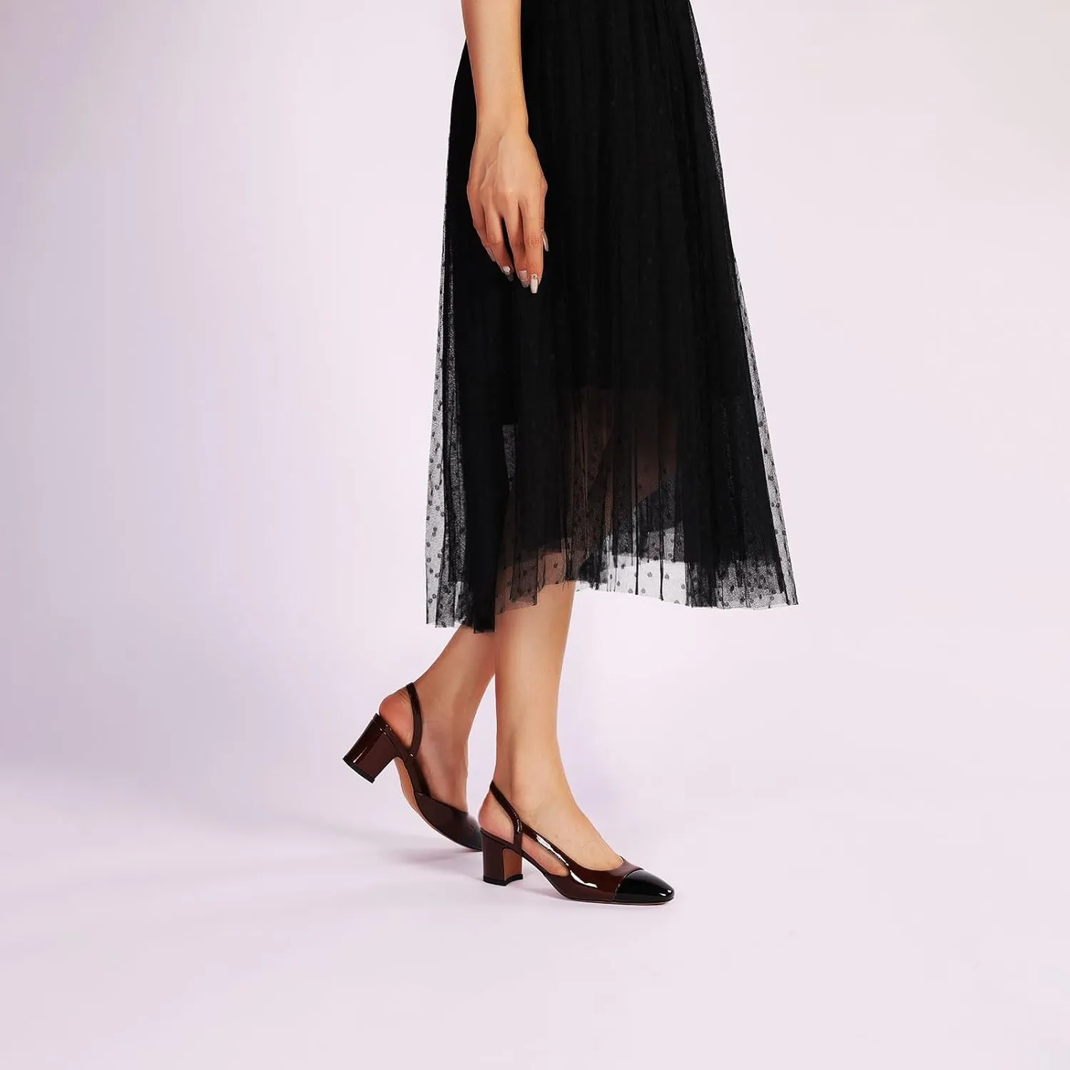 Women Slingback Heeled Sandals Cap Toe Block Mid Heel Pumps Two Toned Chunky Heels Vintage Formal Dress Slide Shoes