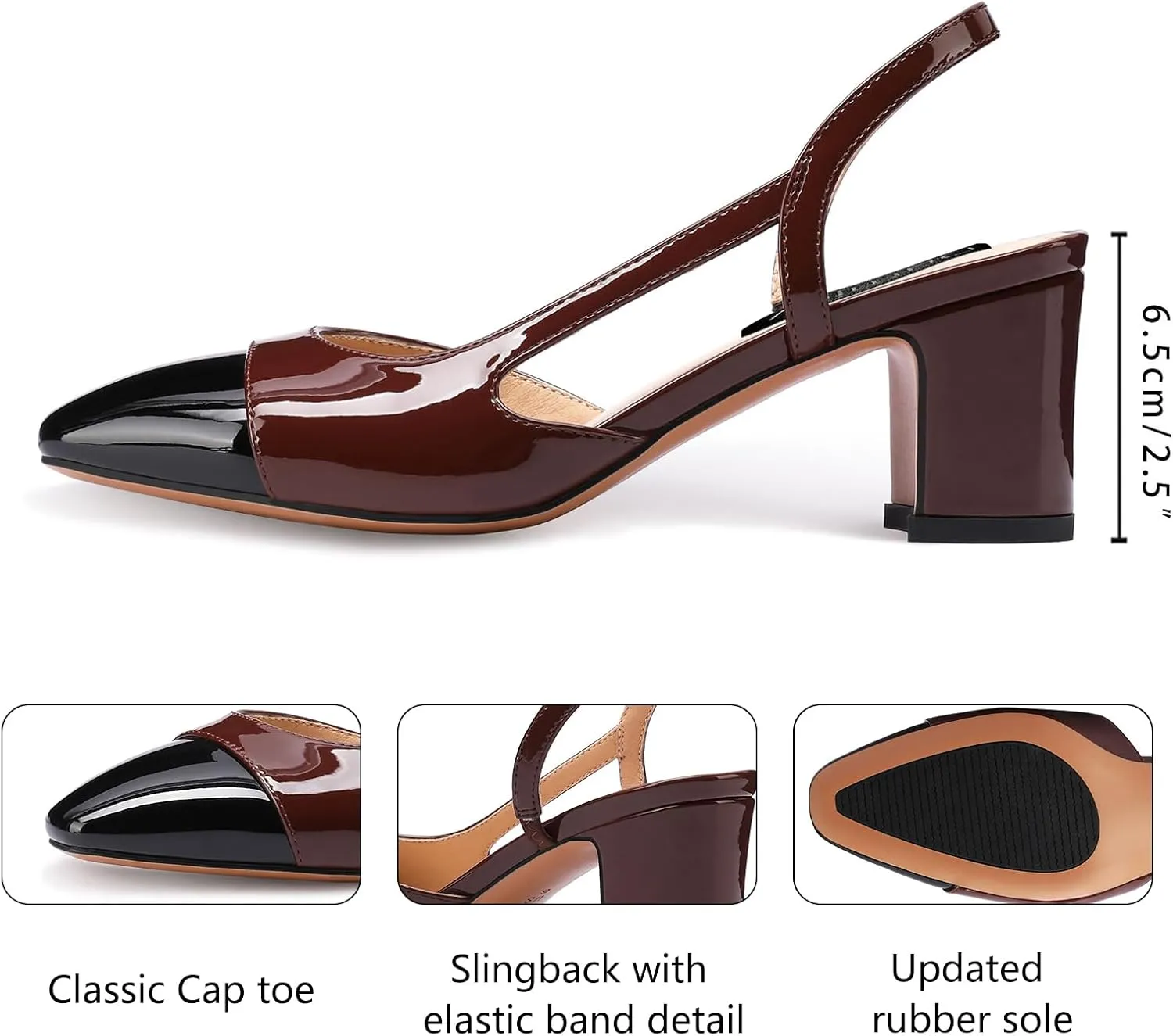 Women Slingback Heeled Sandals Cap Toe Block Mid Heel Pumps Two Toned Chunky Heels Vintage Formal Dress Slide Shoes