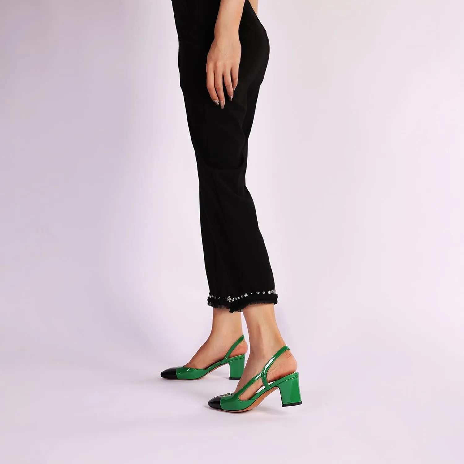 Women Slingback Heeled Sandals Cap Toe Block Mid Heel Pumps Two Toned Chunky Heels Vintage Formal Dress Slide Shoes
