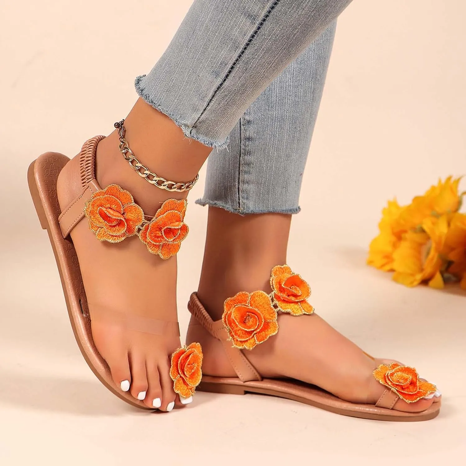 Women Summer Elastic Band Flowers Casual Open Toe Flat Comfortable Beach Shoes Sandals Sexy Sandals for Women High Heels
