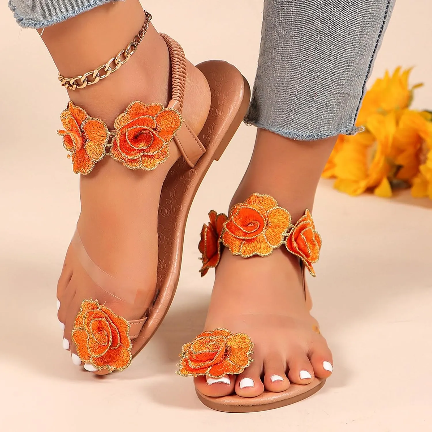 Women Summer Elastic Band Flowers Casual Open Toe Flat Comfortable Beach Shoes Sandals Sexy Sandals for Women High Heels
