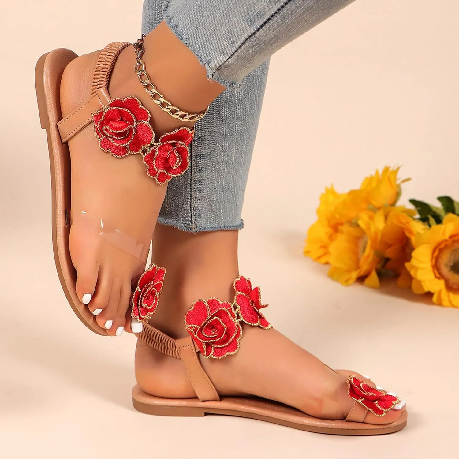 Women Summer Elastic Band Flowers Casual Open Toe Flat Comfortable Beach Shoes Sandals Sexy Sandals for Women High Heels