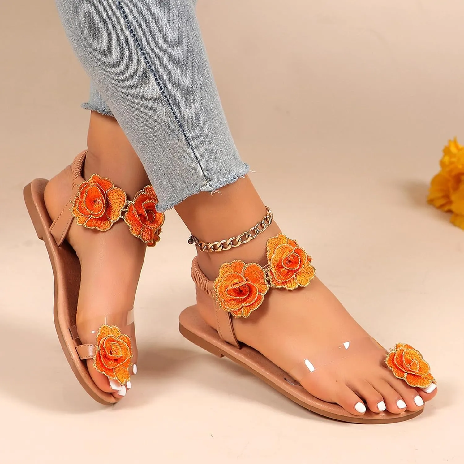 Women Summer Elastic Band Flowers Casual Open Toe Flat Comfortable Beach Shoes Sandals Sexy Sandals for Women High Heels