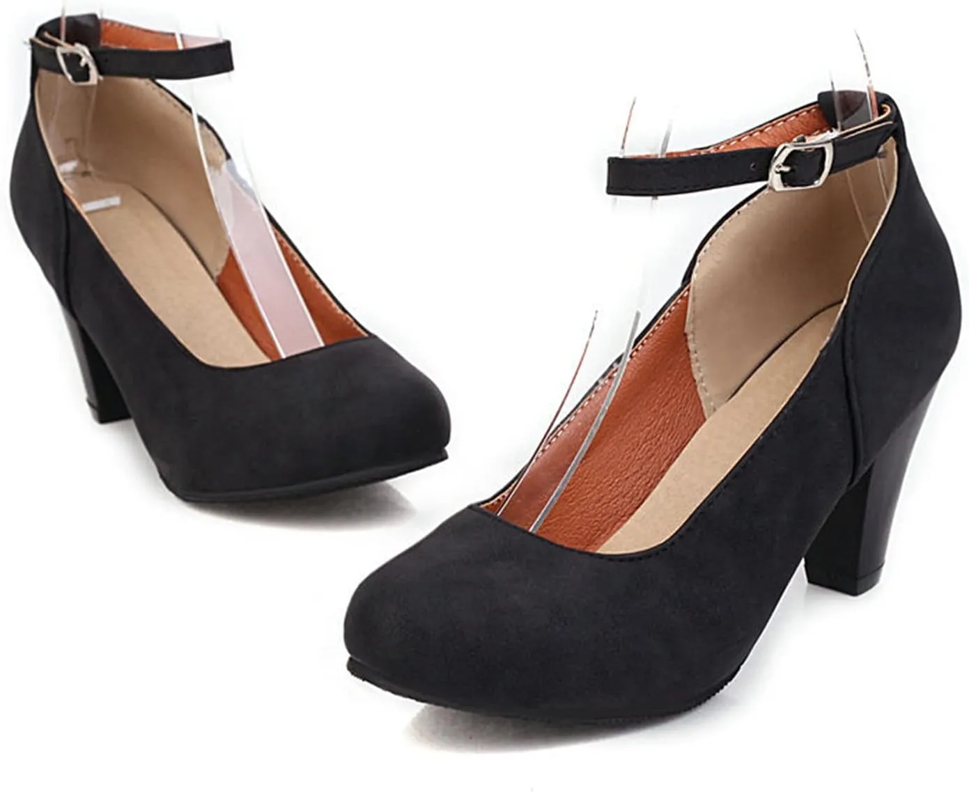 Women Vintage Ankle Strap Mary Jane Shoes Non Slip Thick High Heel Round Toe Dress Pumps
