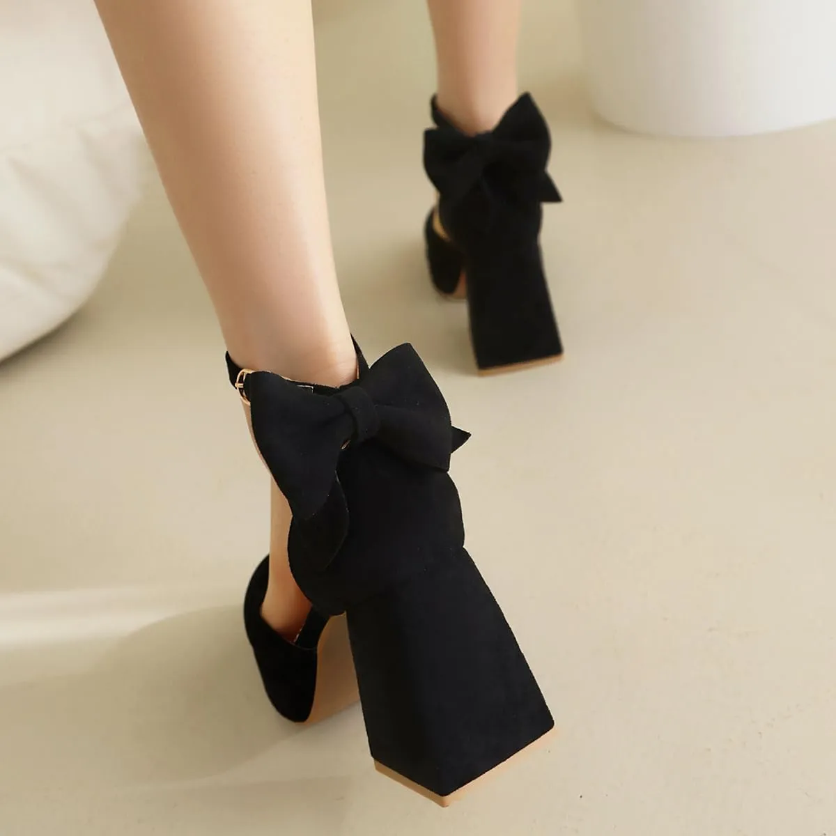 Women's Block Heel Square Toe Bow Pumps Ankle Strap Platform Heel Pumps Bowknot Mary Jane