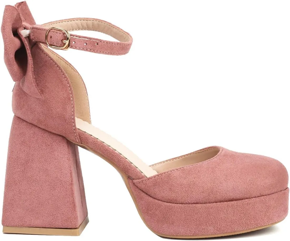 Women's Block Heel Square Toe Bow Pumps Ankle Strap Platform Heel Pumps Bowknot Mary Jane
