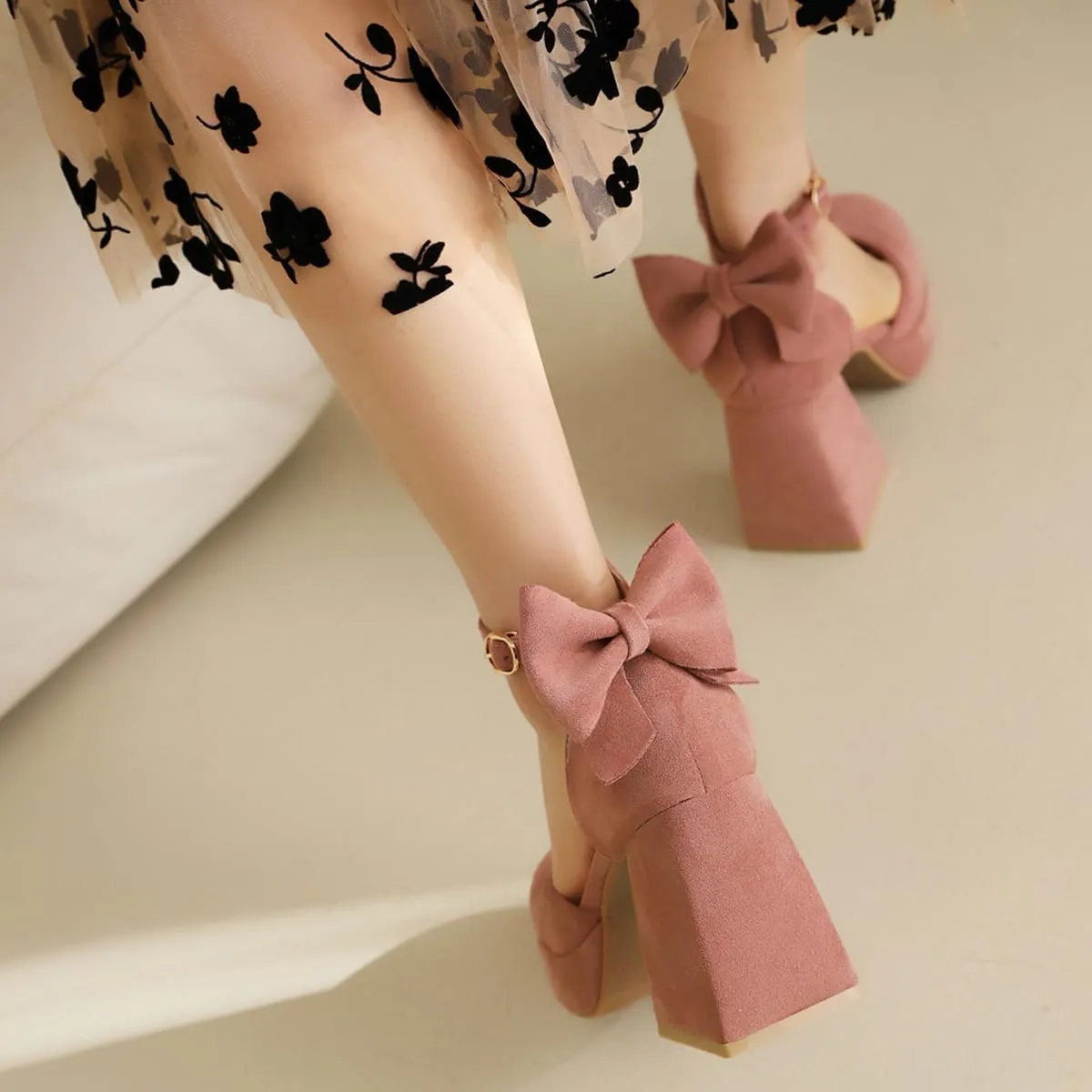 Women's Block Heel Square Toe Bow Pumps Ankle Strap Platform Heel Pumps Bowknot Mary Jane