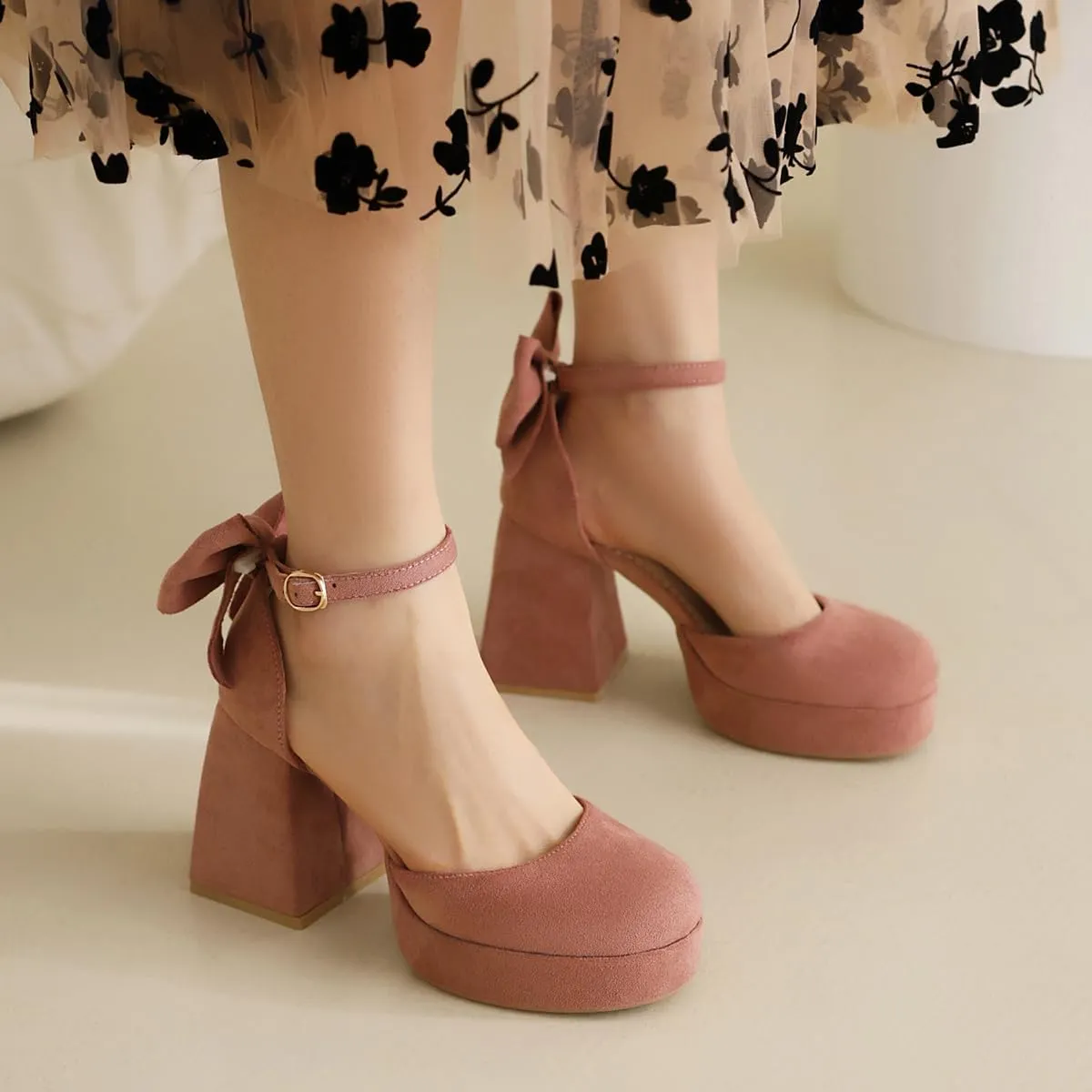 Women's Block Heel Square Toe Bow Pumps Ankle Strap Platform Heel Pumps Bowknot Mary Jane