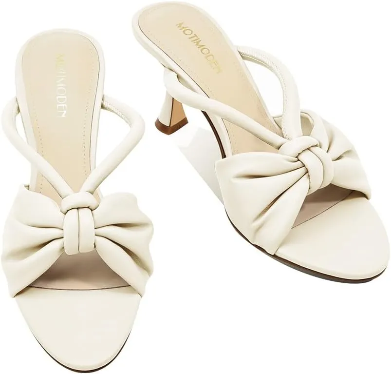 Women's Bow Heeled Sandals Kitten Heel Bowknots Slip On Open Round Toe Low Heels Sandals for Women Dressy Shoes Work Home Party Concert