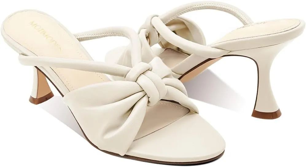 Women's Bow Heeled Sandals Kitten Heel Bowknots Slip On Open Round Toe Low Heels Sandals for Women Dressy Shoes Work Home Party Concert