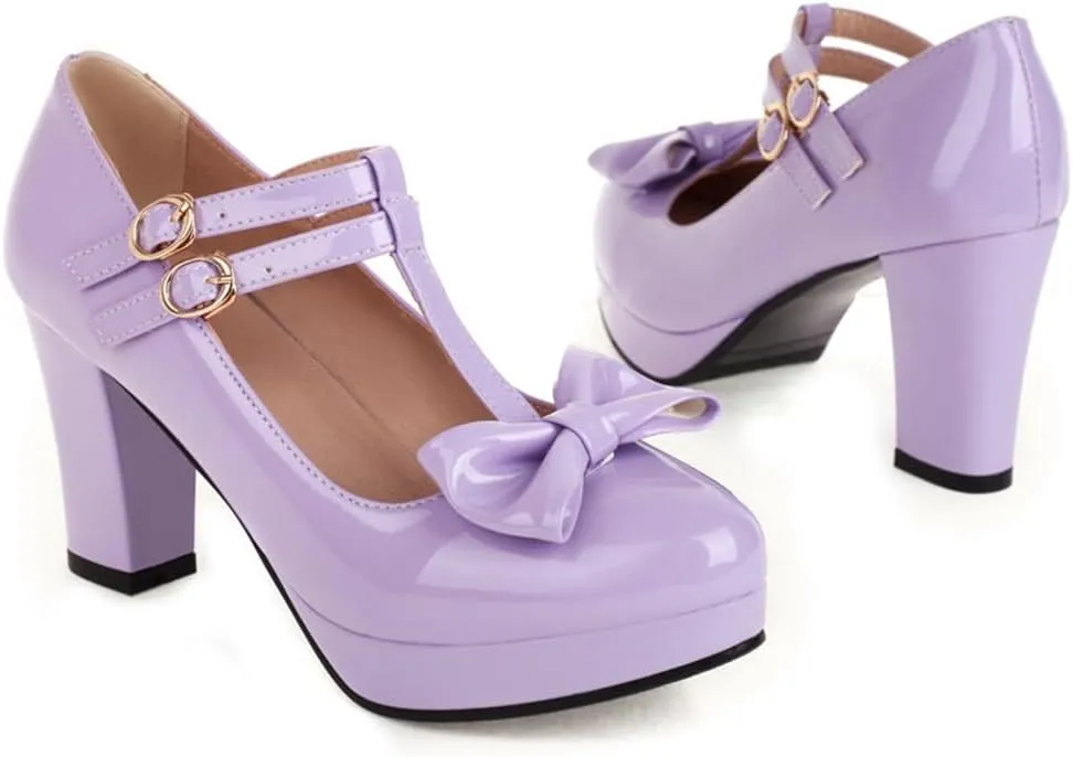 Women's Chunky High Heels T-Strap Bow Mary Jane Pumps Shoes Round Toe Platform Wedding Party Dress Shoe