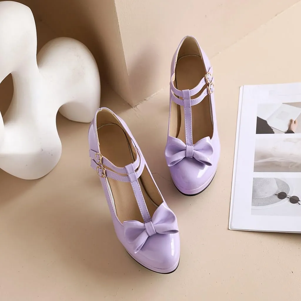Women's Chunky High Heels T-Strap Bow Mary Jane Pumps Shoes Round Toe Platform Wedding Party Dress Shoe