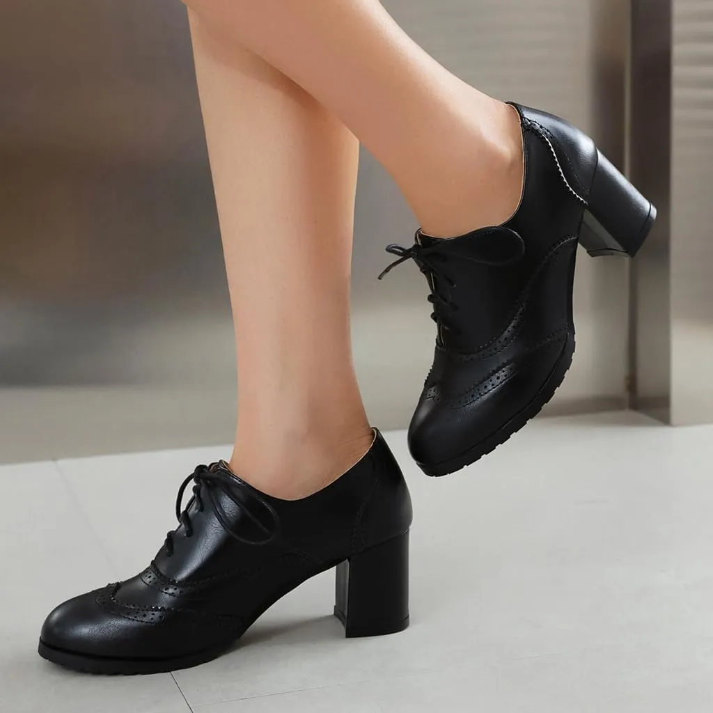 Women's Classic Lace Up Wingtip Oxfords Pumps Chunky Block Mid Heel Round Toe Leather Vintage Dress Shoes
