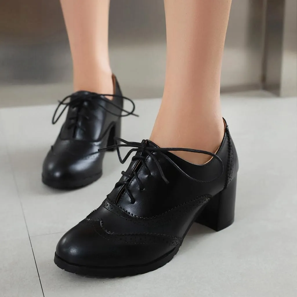 Women's Classic Lace Up Wingtip Oxfords Pumps Chunky Block Mid Heel Round Toe Leather Vintage Dress Shoes