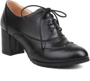 Women's Classic Lace Up Wingtip Oxfords Pumps Chunky Block Mid Heel Round Toe Leather Vintage Dress Shoes
