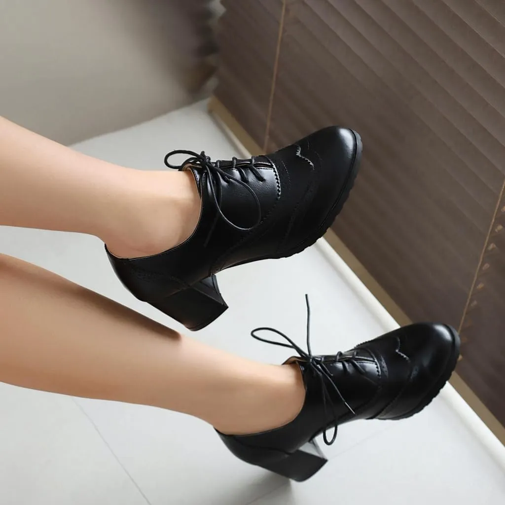 Women's Classic Lace Up Wingtip Oxfords Pumps Chunky Block Mid Heel Round Toe Leather Vintage Dress Shoes