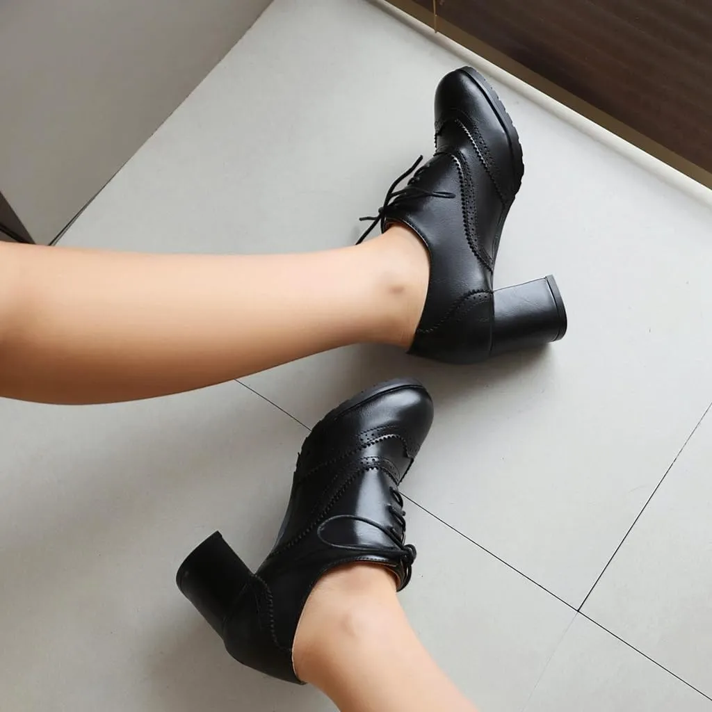 Women's Classic Lace Up Wingtip Oxfords Pumps Chunky Block Mid Heel Round Toe Leather Vintage Dress Shoes