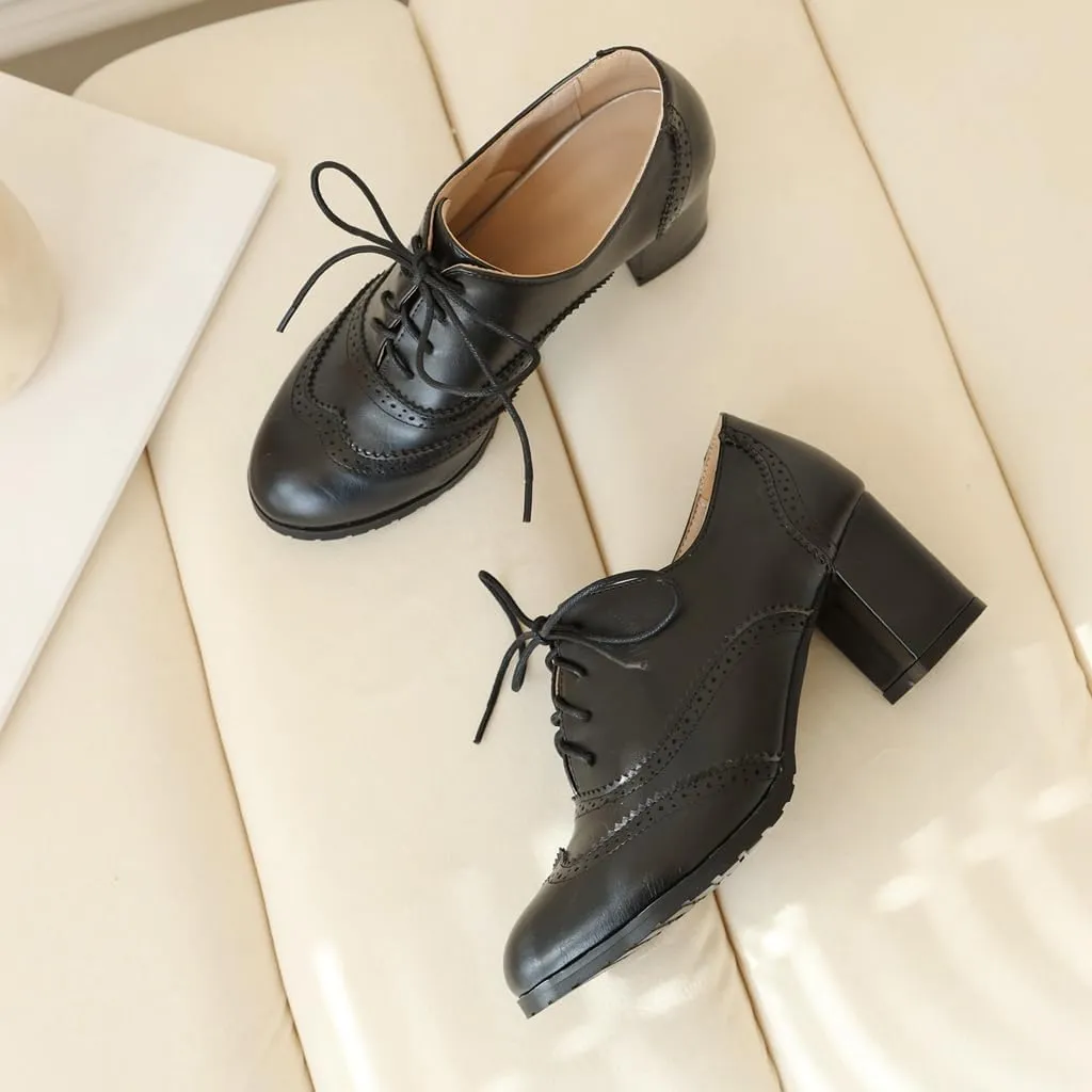 Women's Classic Lace Up Wingtip Oxfords Pumps Chunky Block Mid Heel Round Toe Leather Vintage Dress Shoes