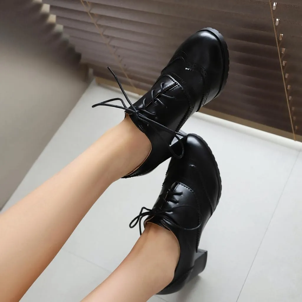 Women's Classic Lace Up Wingtip Oxfords Pumps Chunky Block Mid Heel Round Toe Leather Vintage Dress Shoes