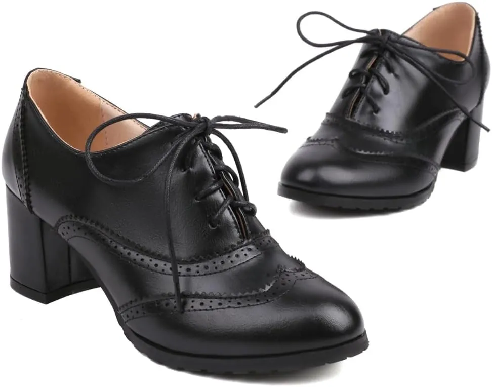 Women's Classic Lace Up Wingtip Oxfords Pumps Chunky Block Mid Heel Round Toe Leather Vintage Dress Shoes