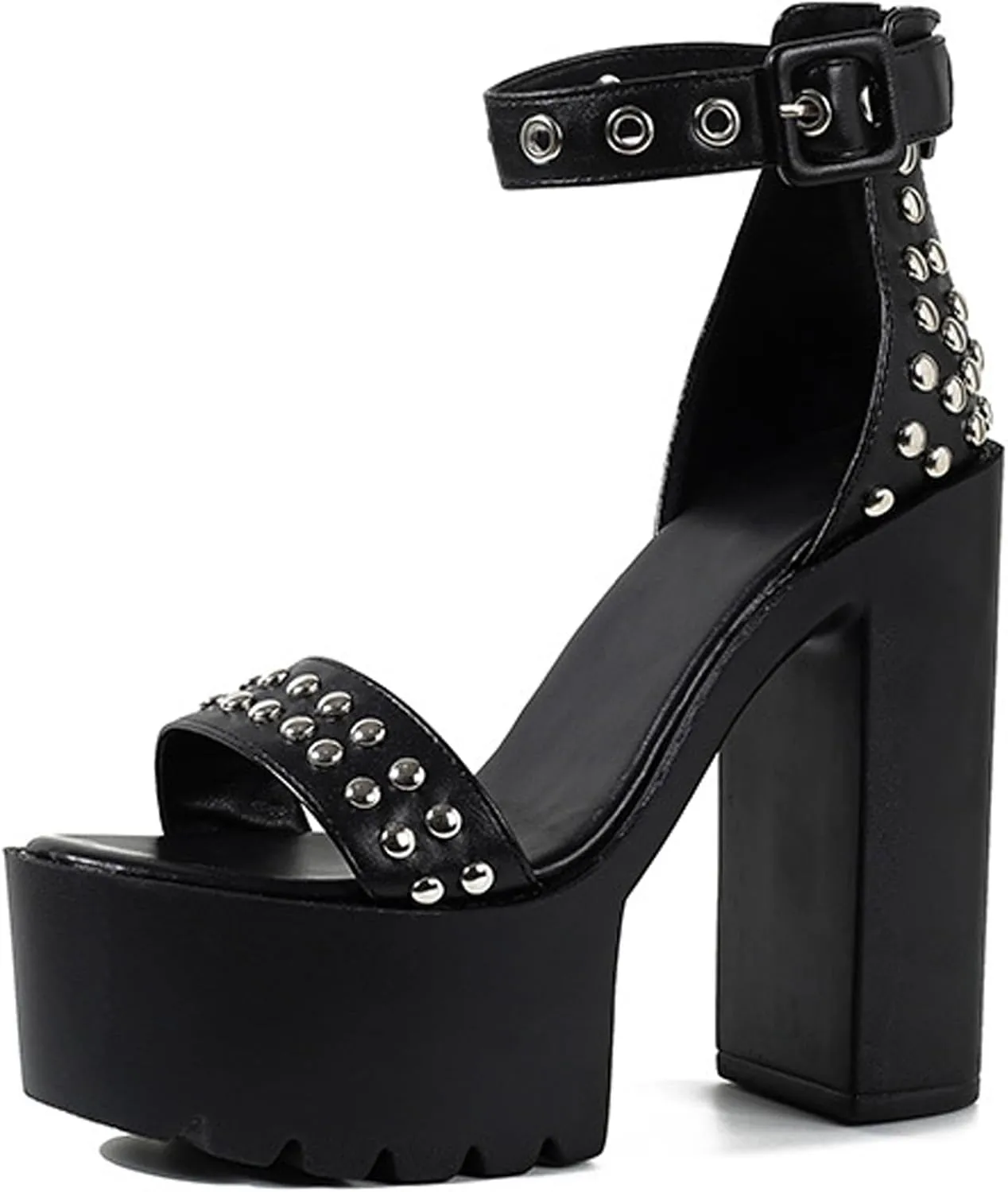 Women's Fashion Studded One Bands Black Gladiator Block Heel Sandals Comfortable Summer Adjust Strap Round Open Toe Chunky High Heel Goth Dress Sandals for Outdoor Date Party