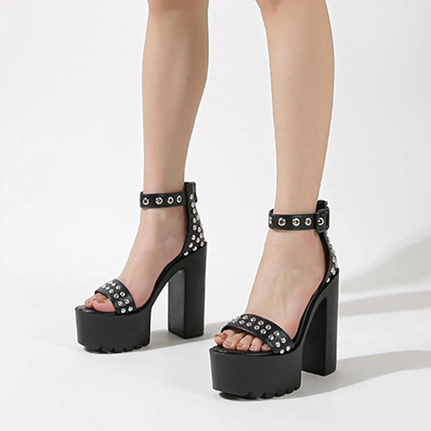 Women's Fashion Studded One Bands Black Gladiator Block Heel Sandals Comfortable Summer Adjust Strap Round Open Toe Chunky High Heel Goth Dress Sandals for Outdoor Date Party