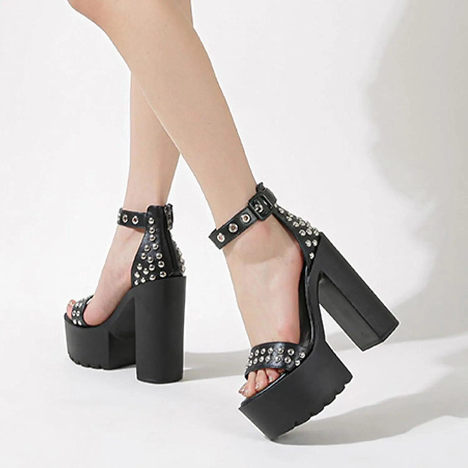 Women's Fashion Studded One Bands Black Gladiator Block Heel Sandals Comfortable Summer Adjust Strap Round Open Toe Chunky High Heel Goth Dress Sandals for Outdoor Date Party