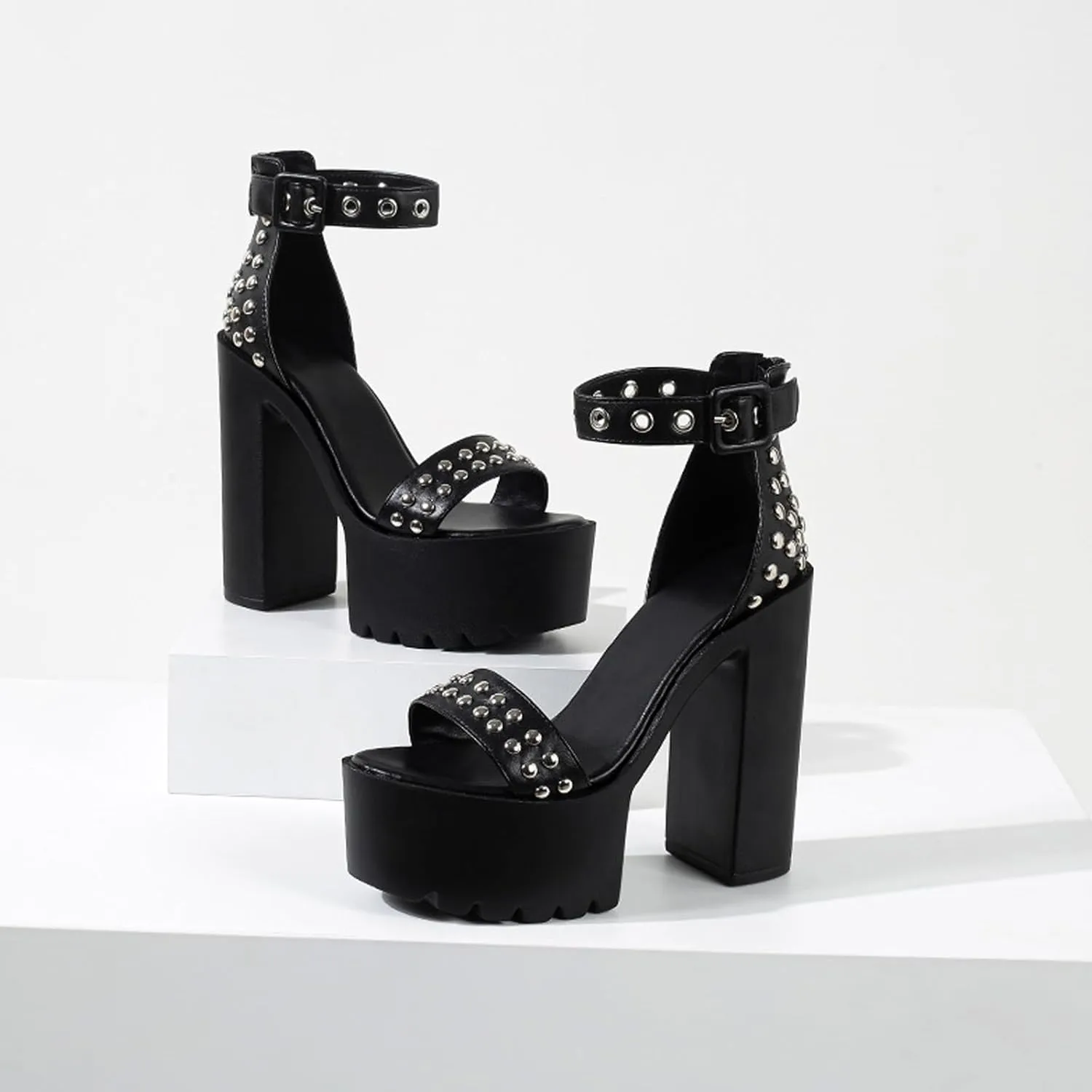 Women's Fashion Studded One Bands Black Gladiator Block Heel Sandals Comfortable Summer Adjust Strap Round Open Toe Chunky High Heel Goth Dress Sandals for Outdoor Date Party