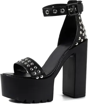Women's Fashion Studded One Bands Black Gladiator Block Heel Sandals Comfortable Summer Adjust Strap Round Open Toe Chunky High Heel Goth Dress Sandals for Outdoor Date Party