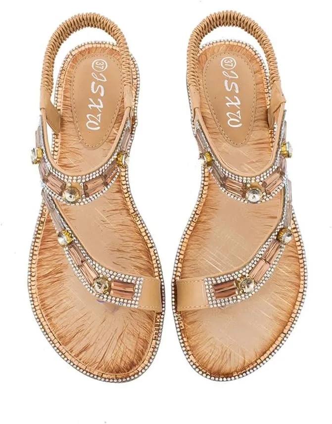 Women's Flat Sandals Summer Beach Sandal T-Strap Rhinestone Beaded Bohemia Shoes