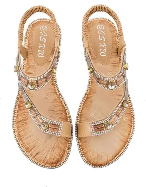 Women's Flat Sandals Summer Beach Sandal T-Strap Rhinestone Beaded Bohemia Shoes