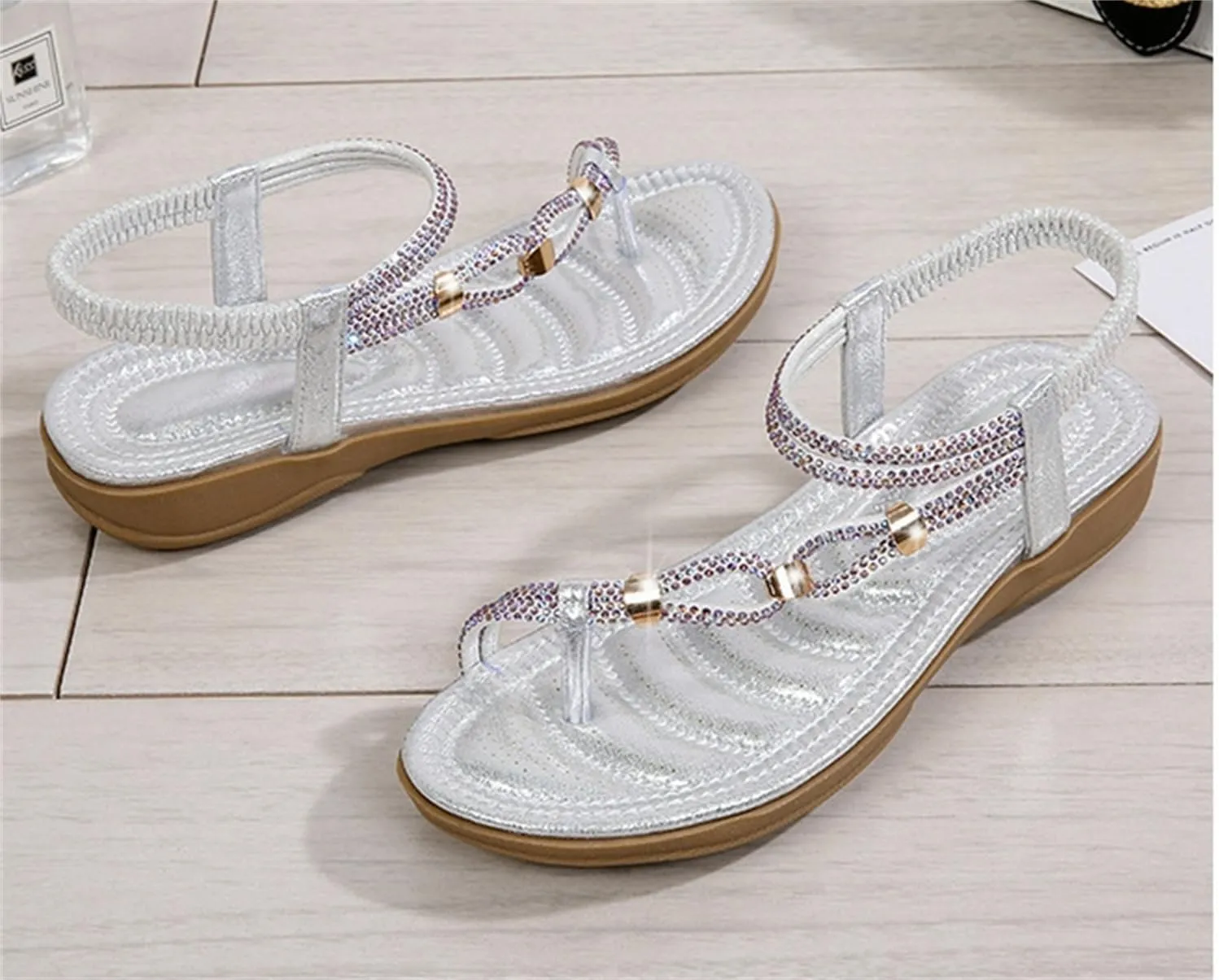 Women's Flat Sandals Summer Beach Sandal T-Strap Rhinestone Beaded Bohemia Shoes