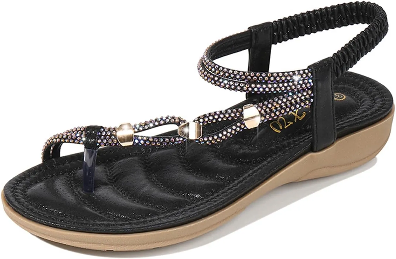 Women's Flat Sandals Summer Beach Sandal T-Strap Rhinestone Beaded Bohemia Shoes