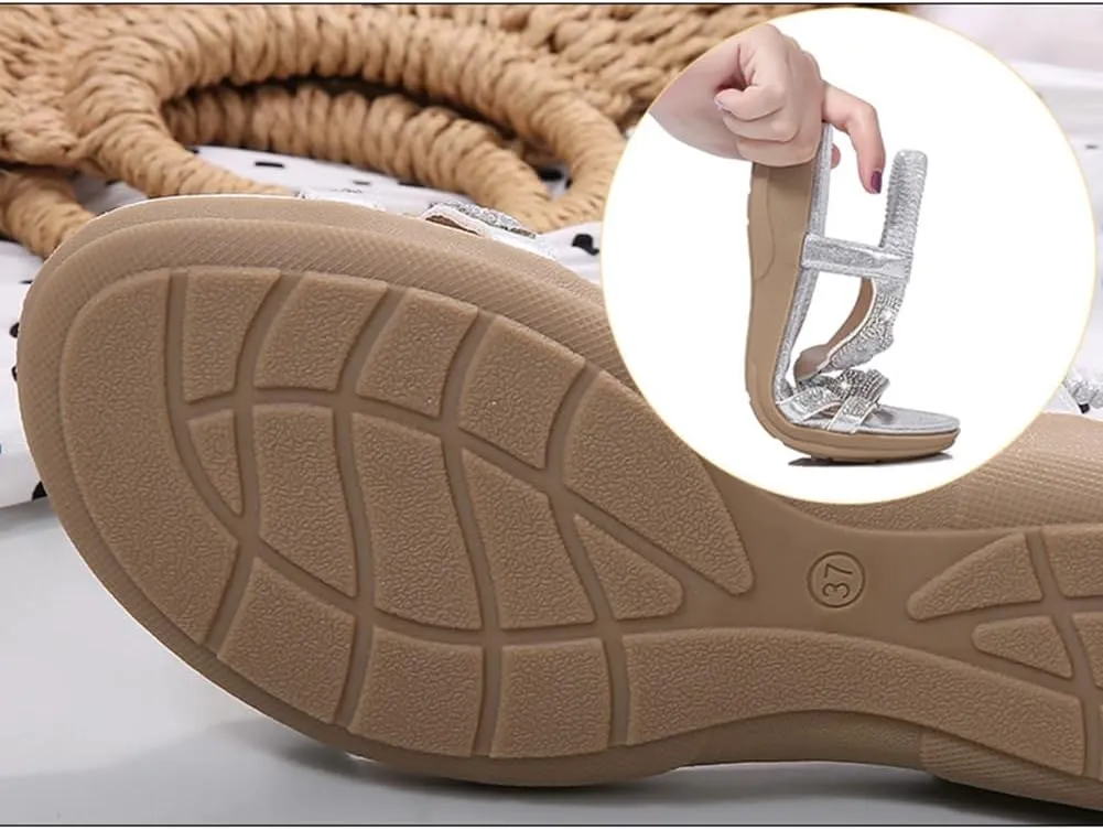 Women's Flat Sandals Summer Beach Sandal T-Strap Rhinestone Beaded Bohemia Shoes